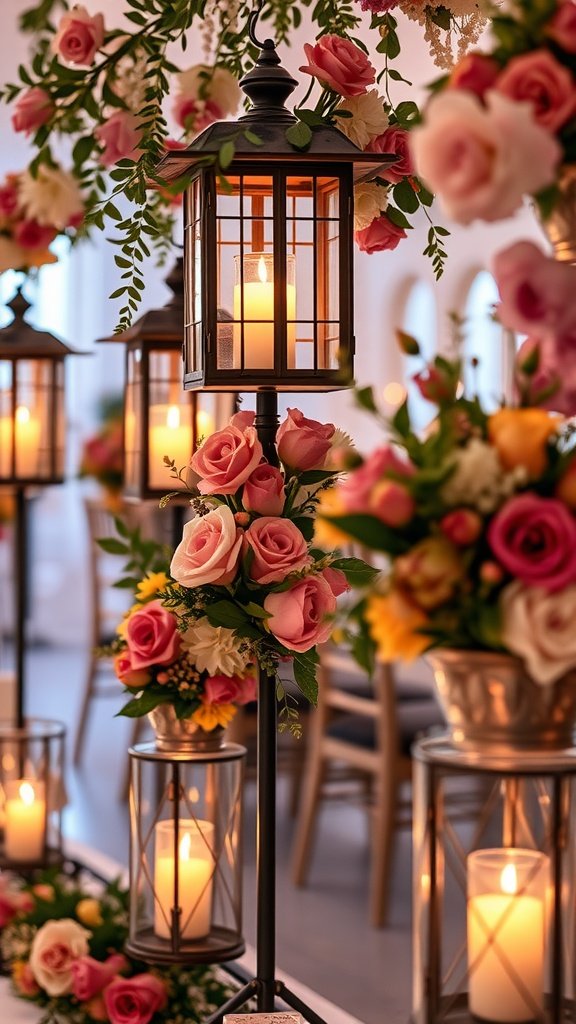 35 Stunning Fall Wedding Flowers That Will Make Your Guests Swoon! Floral lanterns with roses and daisies illuminating a wedding setting