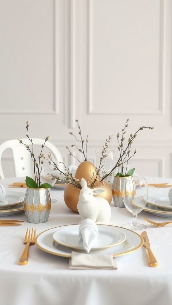 35 Easter Tablescape Ideas for a Festive Celebration A chic Easter tablescape featuring golden eggs, a white rabbit figurine, and elegant tableware.