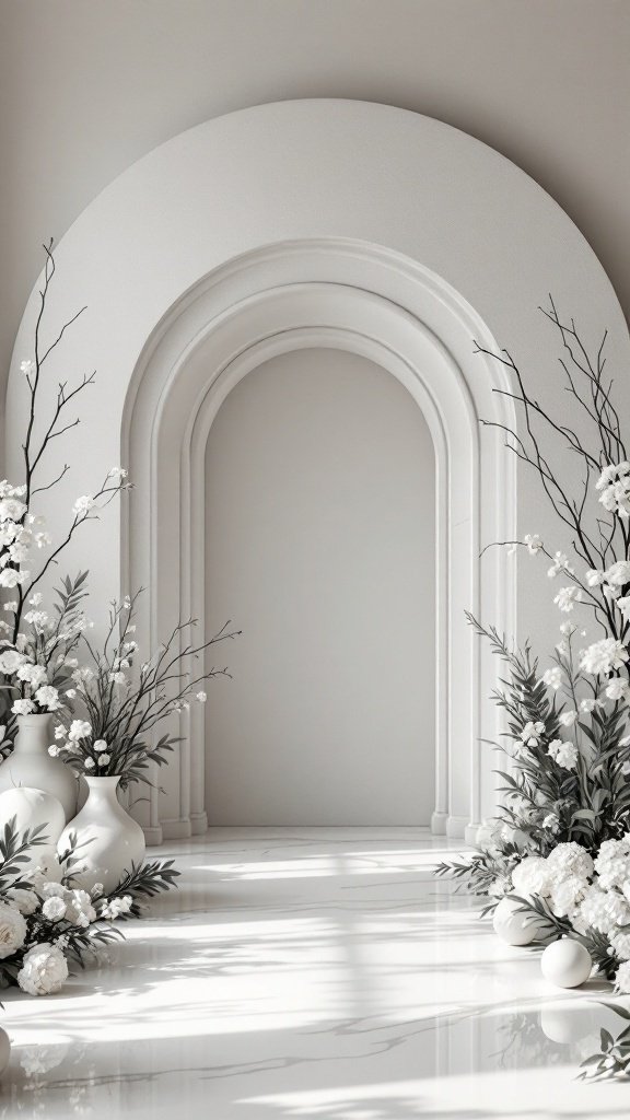 25 Beautiful Spring Wedding Color Palettes to Inspire Your Big Day A chic monochrome wedding setup featuring white flowers and elegant arches.