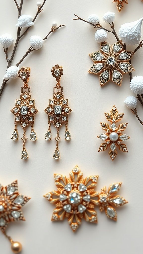 35 Enchanting Ideas for a Magical Winter Wedding Elegant winter wedding jewelry featuring snowflake designs, including earrings and brooches.