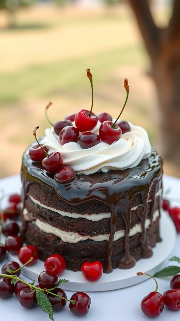 35 Enchanting Forest Wedding Cake Recipes for Your Dream Celebration A three-layer chocolate cherry cake with whipped cream and fresh cherries.