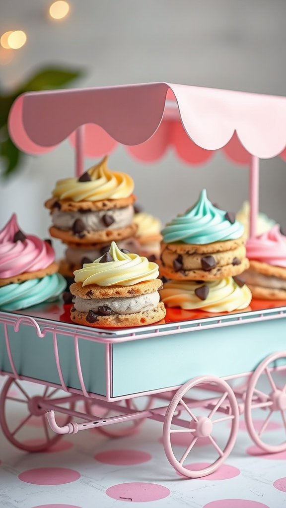 25 Delightful Easter Tea Party Cookies to Impress Your Guests Colorful chocolate chip cookie sandwiches stacked on a pink cart