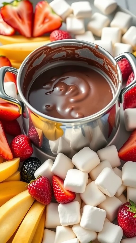 35 Irresistible Valentine’s Day Food Ideas to Celebrate Your Love A pot of chocolate fondue surrounded by fresh fruits and marshmallows
