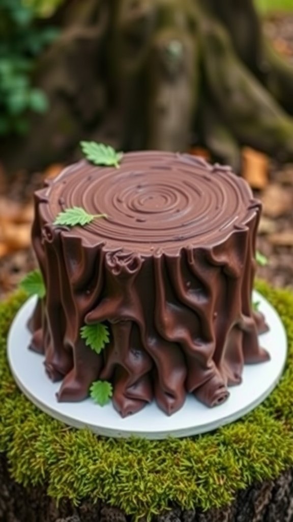 35 Enchanting Forest Wedding Cake Recipes for Your Dream Celebration Chocolate ganache tree stump cake decorated with leaves