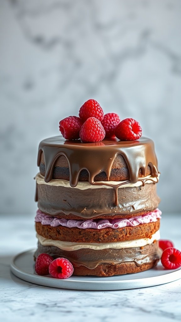 25 Irresistible Valentine’s Day Cake Ideas to Sweeten Your Celebration A tall chocolate raspberry layer cake topped with fresh raspberries and chocolate ganache