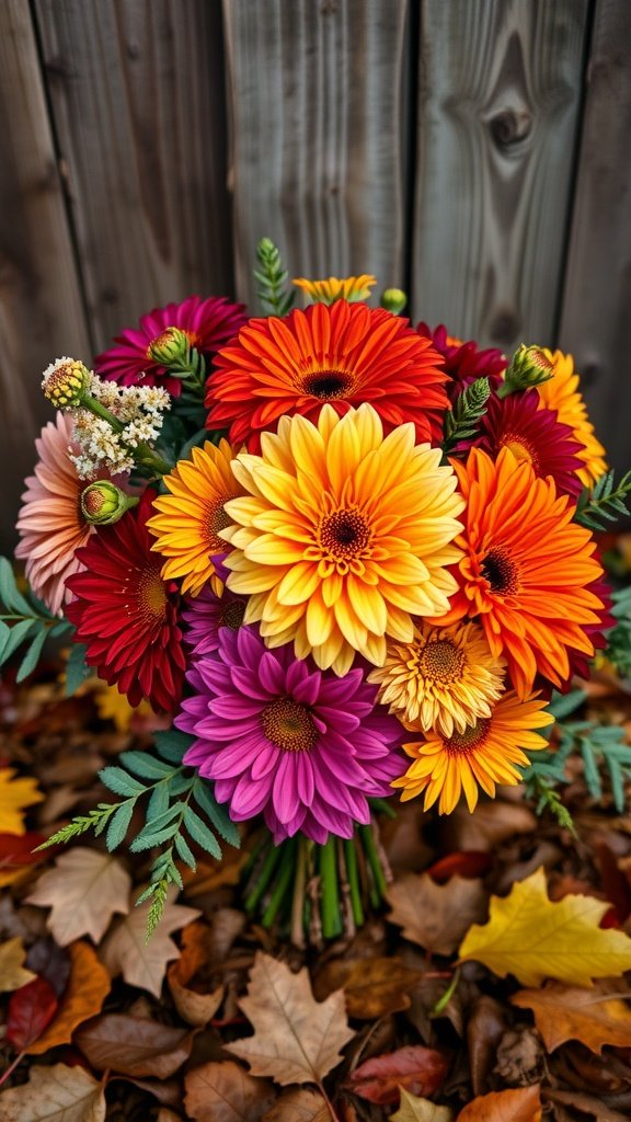 35 Stunning Fall Wedding Flowers That Will Make Your Guests Swoon! A vibrant bouquet of chrysanthemums and dahlias in autumn colors, surrounded by fallen leaves