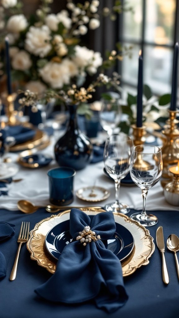 25 Beautiful Spring Wedding Color Palettes to Inspire Your Big Day A table set for a wedding featuring navy blue and gold decorations, with elegant floral arrangements.
