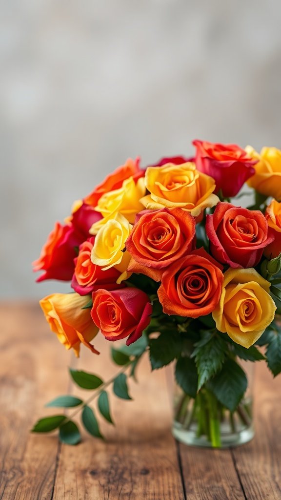 35 Stunning Fall Wedding Flowers That Will Make Your Guests Swoon! A bouquet of classic roses in autumn shades of red, orange, and yellow, set against a wooden table.