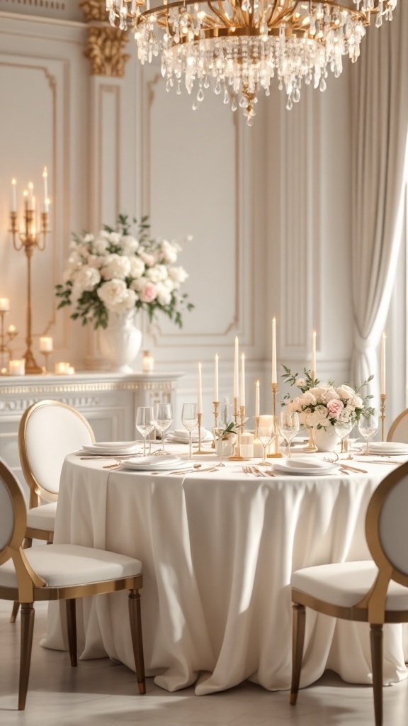 25 Beautiful Spring Wedding Color Palettes to Inspire Your Big Day Elegant table setting with white tablecloth, golden accents, and floral arrangements for a spring wedding.
