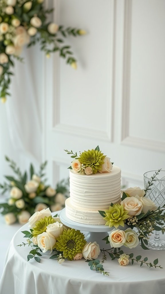 35 Stunning Olive Green Wedding Theme Color Schemes A wedding cake decorated with olive green flowers and white roses on a table.