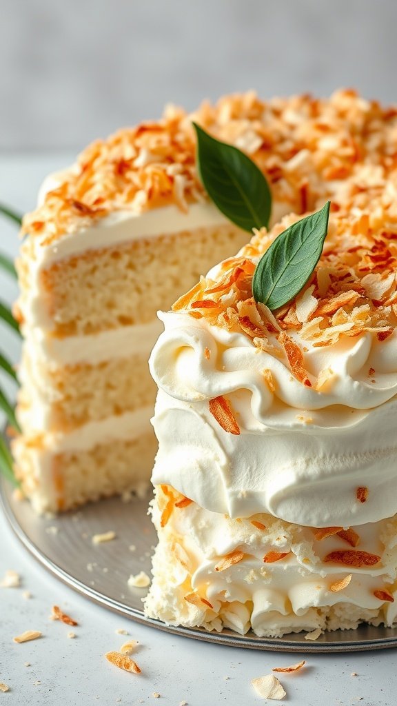 25 Irresistible Valentine’s Day Cake Ideas to Sweeten Your Celebration A delicious coconut cream cake with toasted coconut flakes and green leaves on top.