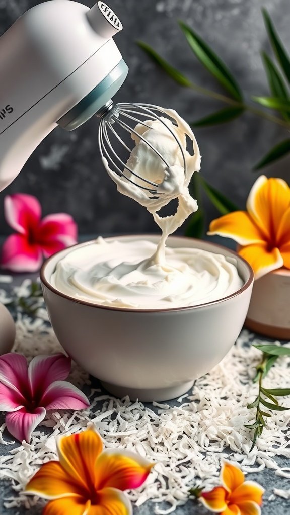 20 Delightful Luau Cake Recipes for Your Tropical Celebration A bowl of creamy coconut frosting with flowers and shredded coconut around it