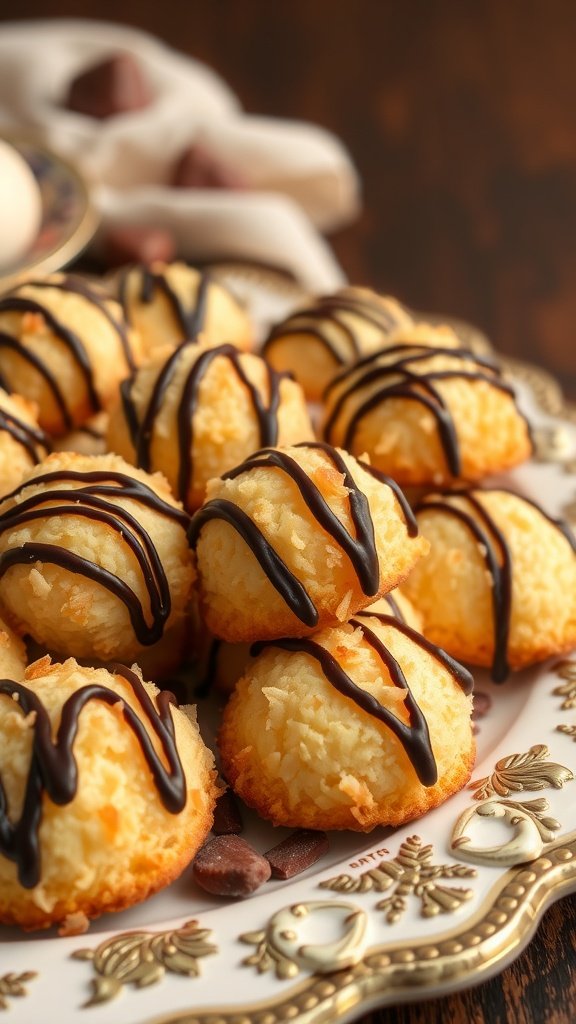 35 Irresistible Valentine’s Day Food Ideas to Celebrate Your Love A plate of coconut macaroons drizzled with chocolate. Valentine’s Day Food Ideas