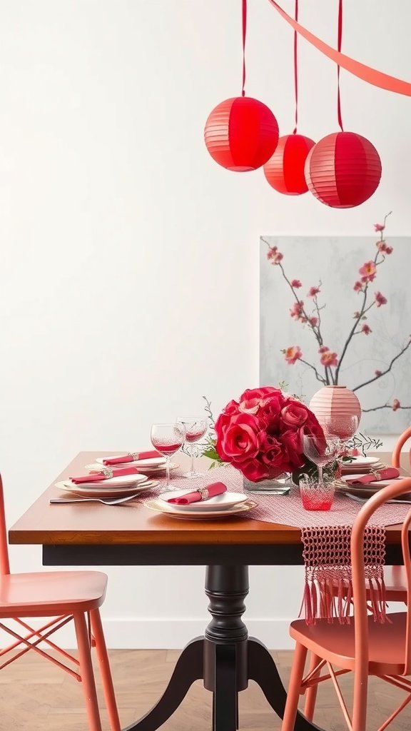 25 Stunning Valentines Table Decor Ideas That Will Make Your Dinner an Unforgettable Romance! A beautifully decorated table for Valentine's Day featuring red and pink accents, lanterns, and roses.