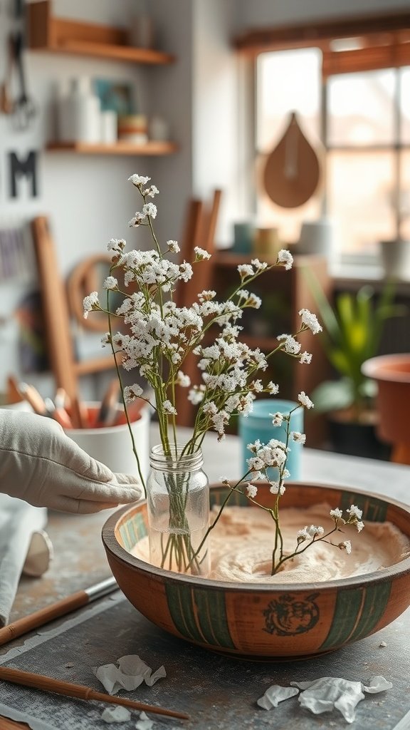 30 Beautiful Baby's Breath Centerpiece DIY Ideas A DIY setup for creating a baby’s breath centerpiece, featuring delicate white flowers in a rustic bowl with a hand placing them.