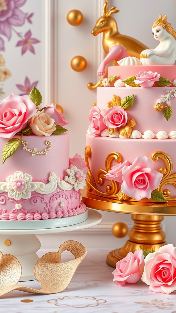 15 Exquisite Rococo Cake Recipes You Need to Try Elegant Rococo style cakes decorated with pink roses and golden accents.