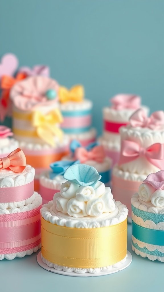 25 Creative Mini Diaper Cake Ideas for Baby Showers A display of colorful mini diaper cakes with various ribbons and decorations.