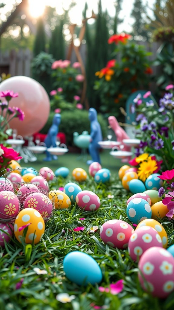 35 Charming Easter Tea Party Ideas for a Festive Celebration A colorful Easter egg hunt in a beautiful garden with various decorated eggs scattered on the grass.