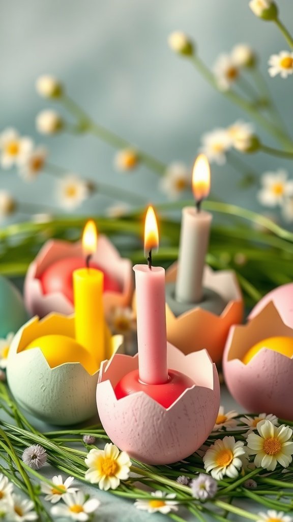 35 Charming Easter Tea Party Ideas for a Festive Celebration Colorful candles in eggshells with flowers and greenery