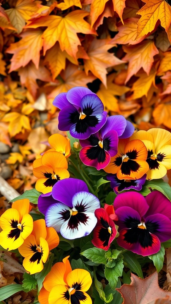 35 Stunning Fall Wedding Flowers That Will Make Your Guests Swoon! Colorful pansies blooming among autumn leaves