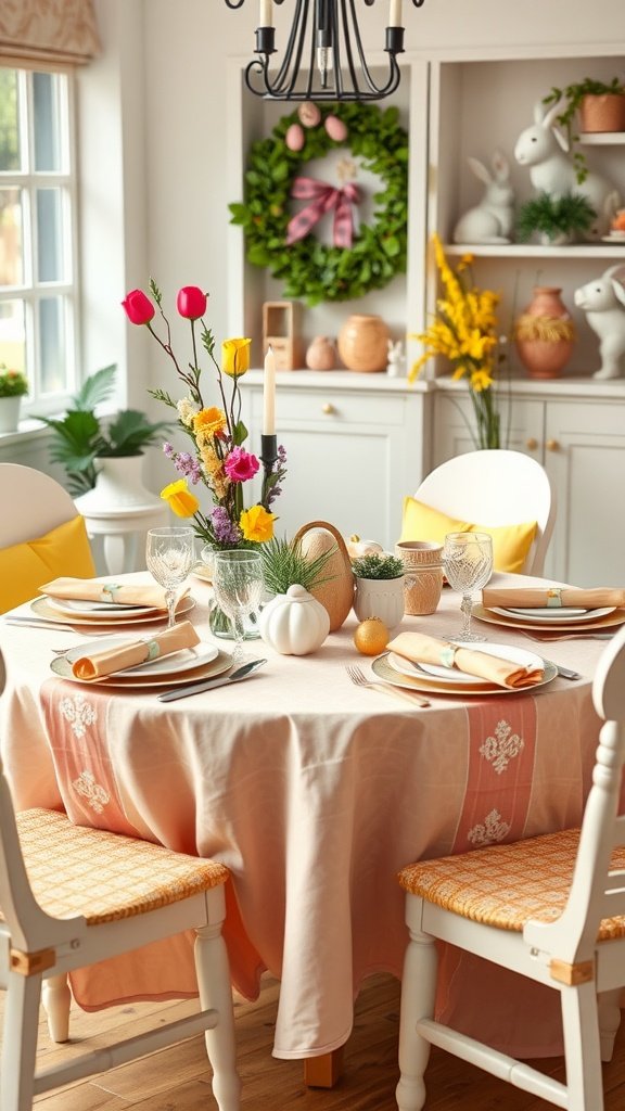 35 Easter Tablescape Ideas for a Festive Celebration A beautifully set Easter table with colorful linens, flowers, and decorative items.