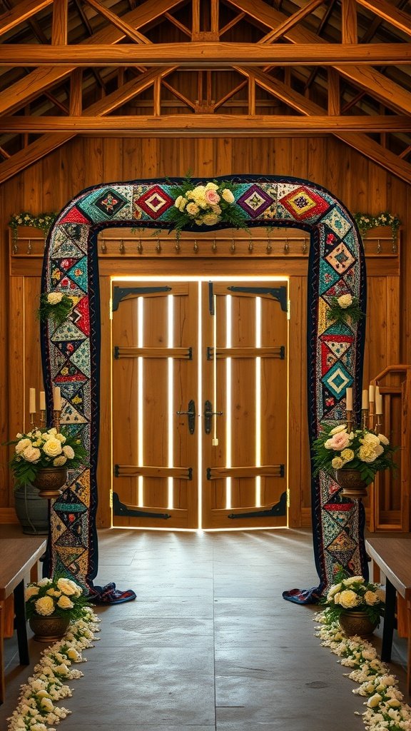 25 Unique Rustic Wedding Arch Ideas to Make Your Ceremony Unforgettable (Trust Us, #3 Is a Show-Stopper!) A colorful vintage quilt arch with flowers, set in a rustic venue