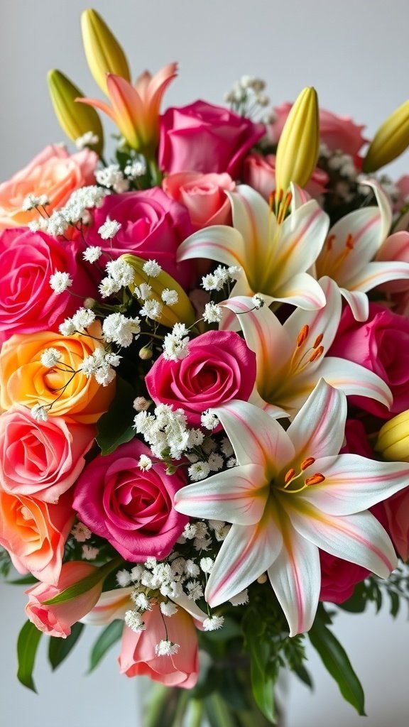 30 Stunning Baby's Breath Bouquets That Will Steal Your Heart (Wait Until You See #4!) A vibrant bouquet featuring pink and orange roses, white and yellow lilies, and delicate baby's breath, showcasing a beautiful floral arrangement.