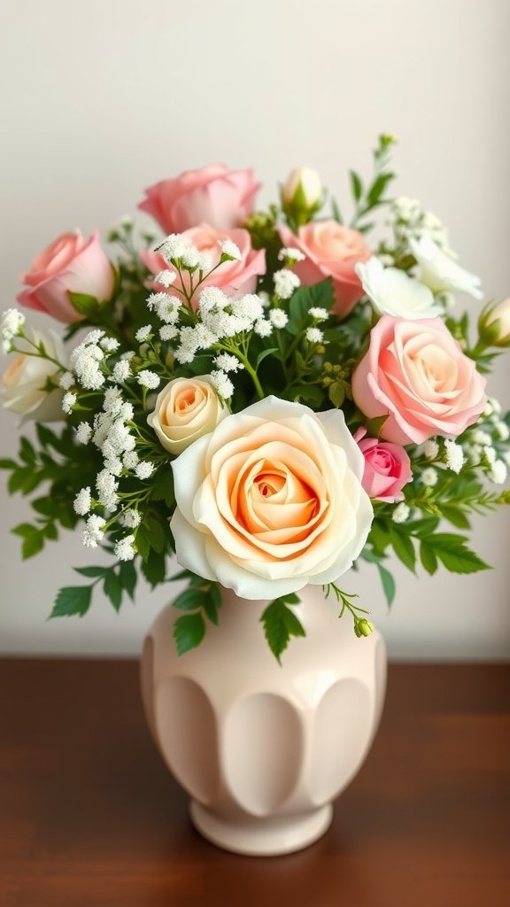 30 Beautiful Baby's Breath Centerpiece DIY Ideas A beautiful floral centerpiece featuring pink roses and baby's breath in a vase.