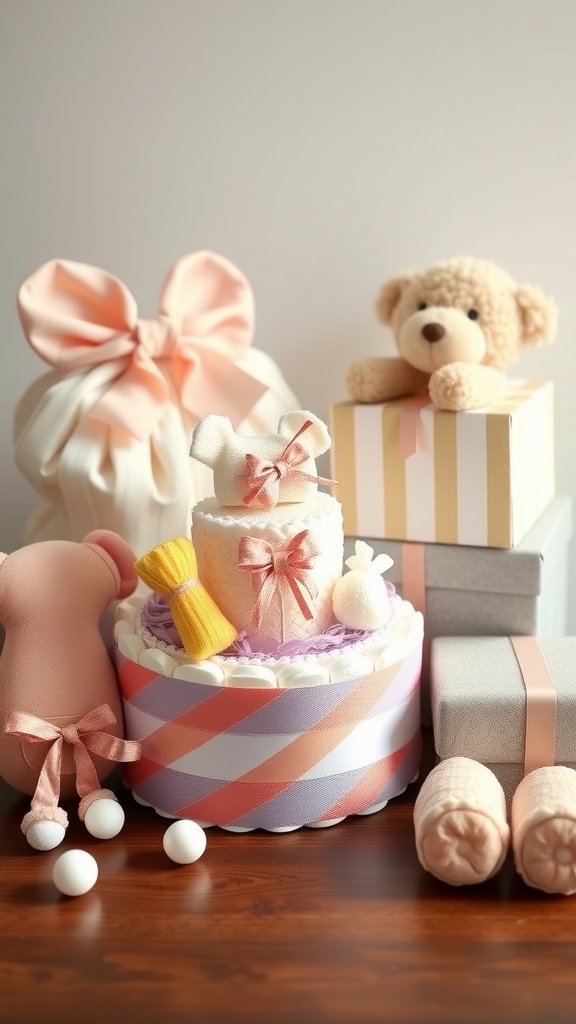 25 Creative Mini Diaper Cake Ideas for Baby Showers A beautifully arranged mini diaper cake surrounded by plush toys and gift boxes.