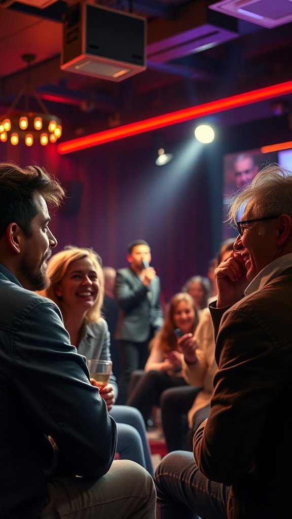25 Creative Double Date Ideas That Will Spark Your Imagination! A lively comedy club scene with two couples enjoying a night out, laughing and engaging with a comedian on stage.