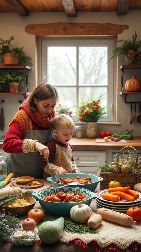 25 Cozy Winter Date Ideas That'll Melt Your Heart (You Won't Believe #5!) A parent and child cooking together in a cozy kitchen filled with seasonal vegetables and a warm atmosphere.