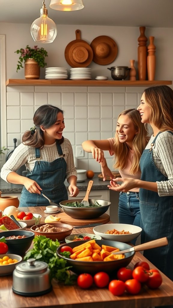 25 Creative Double Date Ideas That Will Spark Your Imagination! Three friends cooking together in a kitchen with various ingredients on the counter.