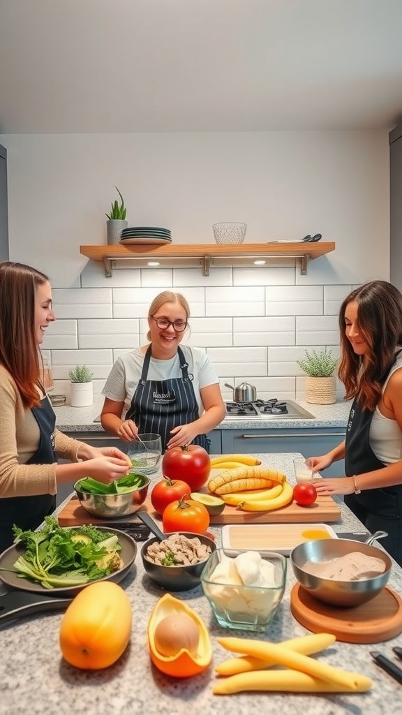 25 Creative Double Date Ideas That Will Spark Your Imagination! Three friends cooking together in a bright kitchen, surrounded by fresh ingredients. Double Date Ideas