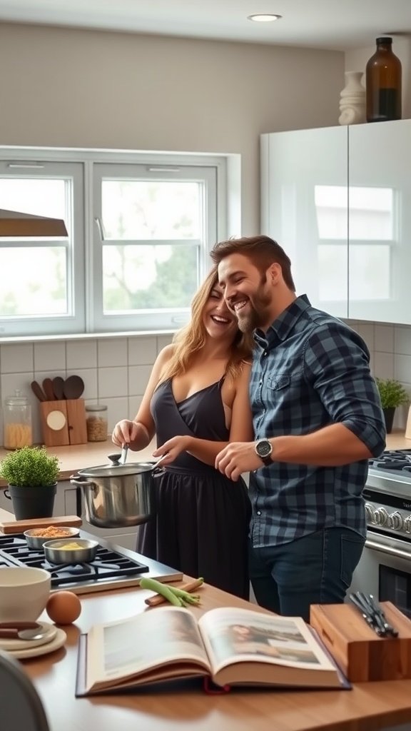 25 Cozy Indoor Date Ideas That'll Ignite the Spark (Prepare for Romance!) A couple happily cooking in a bright kitchen, smiling and enjoying their time together. Indoor Date Ideas