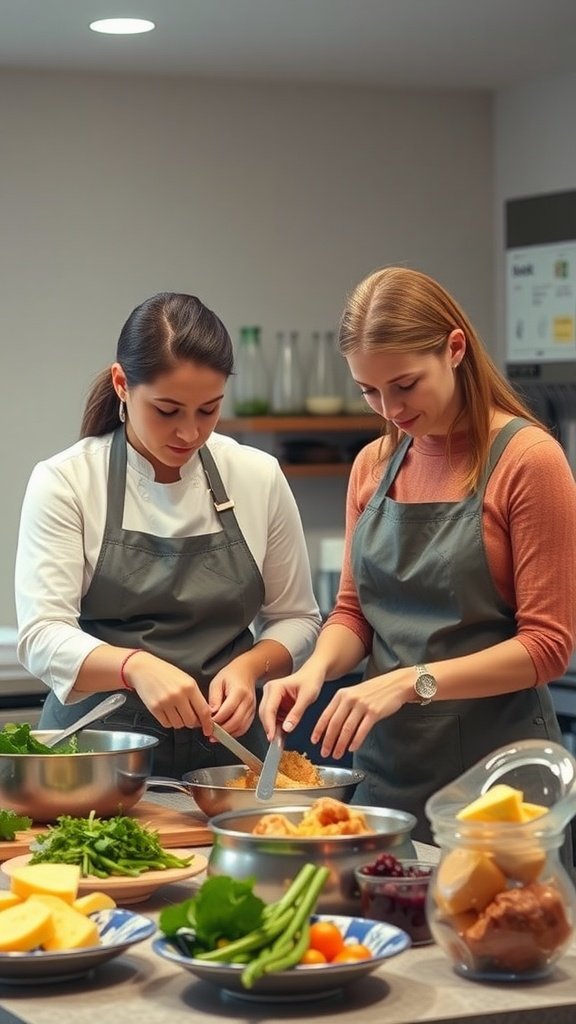 25 Creative Second Date Ideas That Will Leave a Lasting Impression (You’ll Love #8!) Two women in aprons cooking together in a kitchen filled with fresh ingredients.