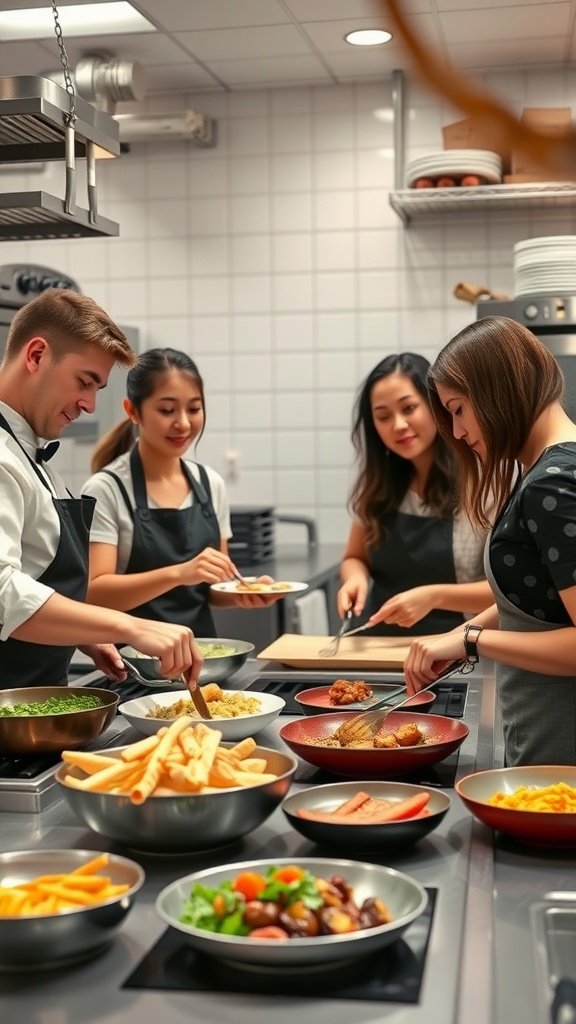 25 Creative Double Date Ideas That Will Spark Your Imagination! Group of four individuals enjoying a cooking class in a modern kitchen, preparing various dishes together. Double Date Ideas