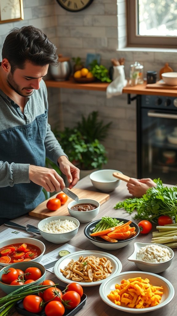 25 Cozy Indoor Date Ideas That'll Ignite the Spark (Prepare for Romance!) A man chopping vegetables in a bright kitchen with various colorful ingredients for cooking.