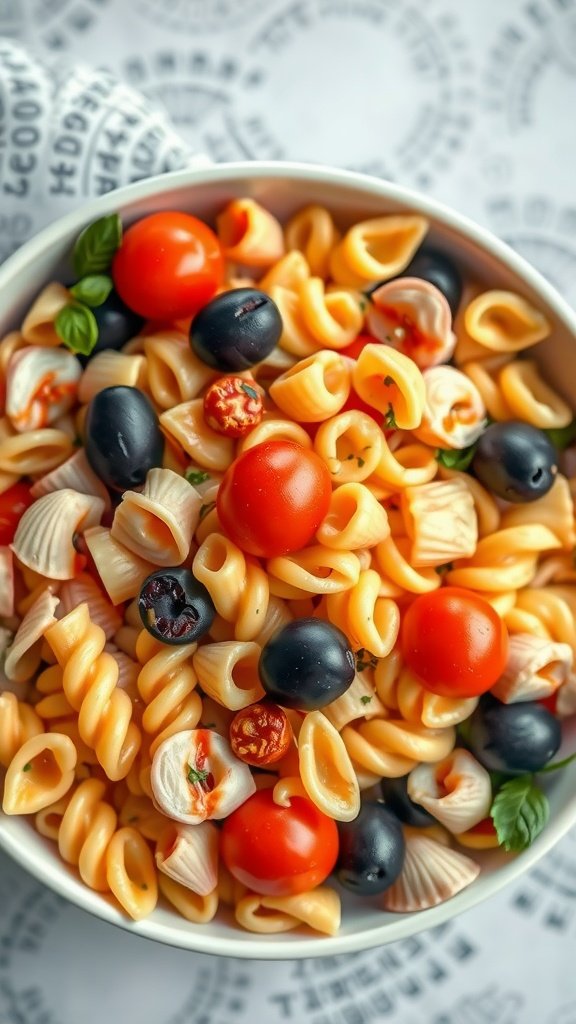 25 Creative Mermaid-Inspired Party Food Ideas Colorful pasta salad with cherry tomatoes and olives