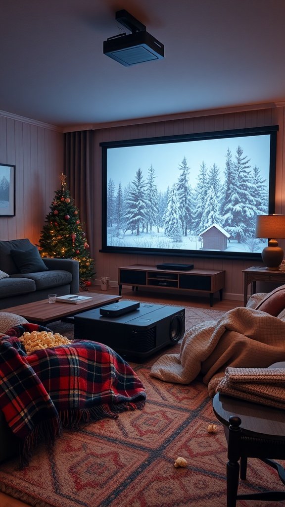 25 Cozy Winter Date Ideas That'll Melt Your Heart (You Won't Believe #5!) A cozy living room with a projector showing snowy trees, a Christmas tree nearby, and blankets on a couch. Winter Date Ideas