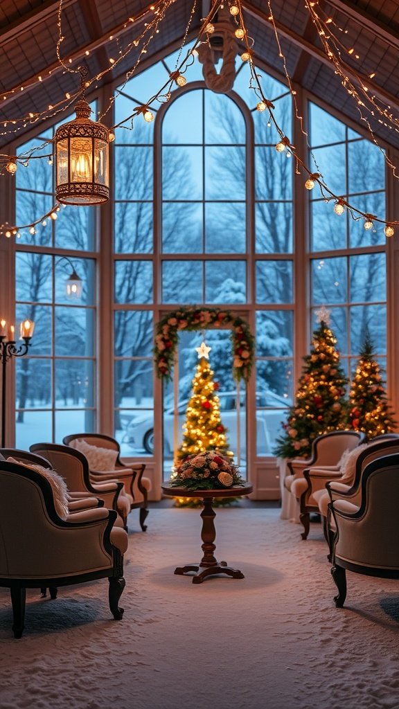 35 Enchanting Ideas for a Magical Winter Wedding Cozy winter wedding venue with large windows, snowy view, bright lights, and decorated Christmas trees