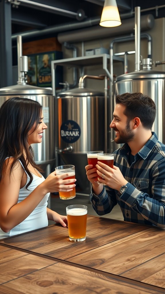 25 Creative Double Date Ideas That Will Spark Your Imagination! Two couples enjoying drinks at a brewery, surrounded by brewing equipment.