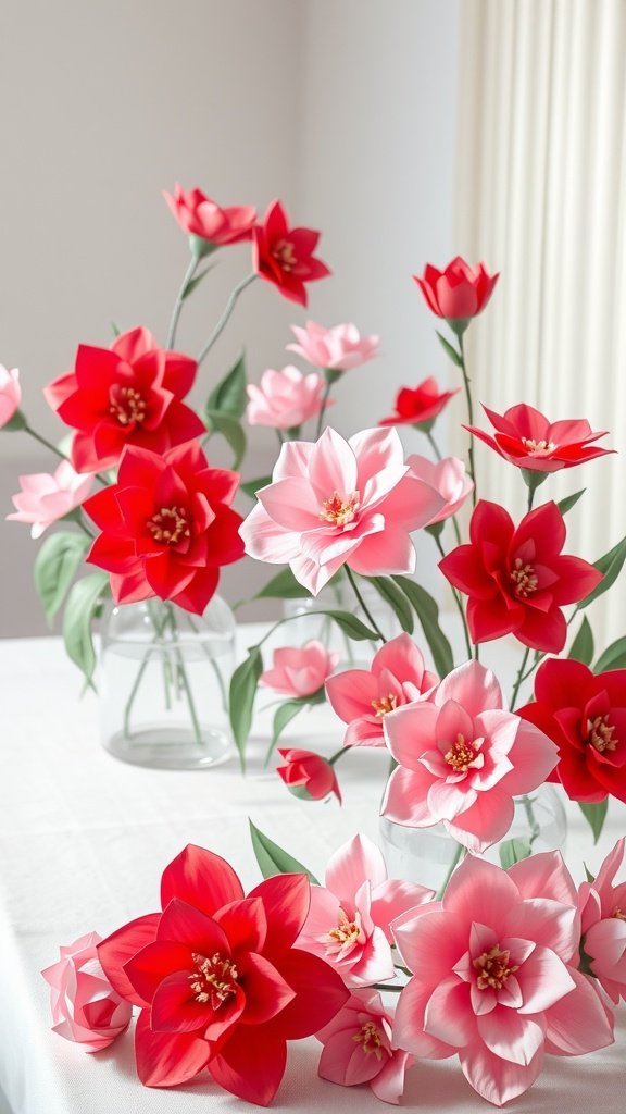 25 Stunning Valentines Table Decor Ideas That Will Make Your Dinner an Unforgettable Romance! A beautiful arrangement of crafted paper flowers in red and pink, perfect for Valentine's table decor.