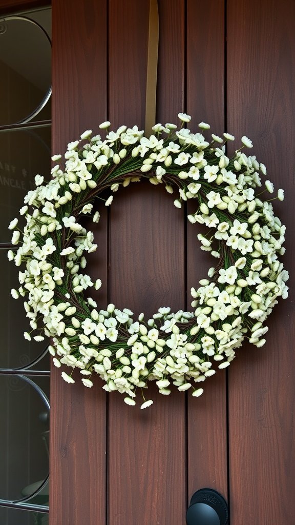 30 Stunning Baby's Breath Bouquets That Will Steal Your Heart (Wait Until You See #4!) A beautifully crafted baby's breath wreath hanging on a wooden door.