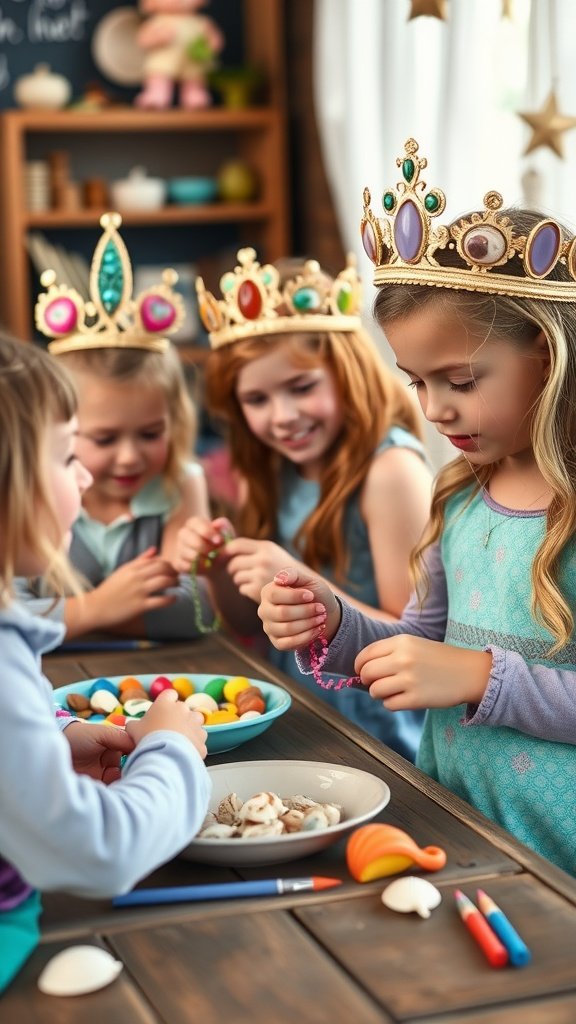 35 Magical Mermaid Party Ideas for an Under-the-Sea Celebration Children crafting mermaid-inspired accessories at a party with colorful beads and crowns.