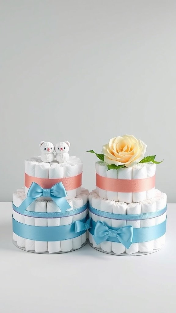 25 Creative Mini Diaper Cake Ideas for Baby Showers Two mini diaper cakes for twins, decorated with pastel ribbons and a flower.