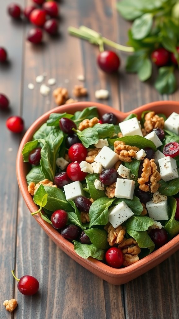 35 Irresistible Valentine’s Day Food Ideas to Celebrate Your Love A heart-shaped bowl of cranberry walnut salad with feta cheese, fresh spinach, and walnuts, perfect for Valentine's Day.