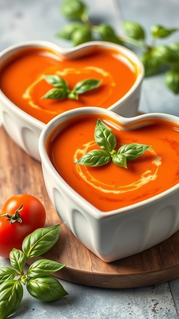 35 Irresistible Valentine’s Day Food Ideas to Celebrate Your Love Creamy tomato basil soup served in heart-shaped bowls, garnished with basil leaves.