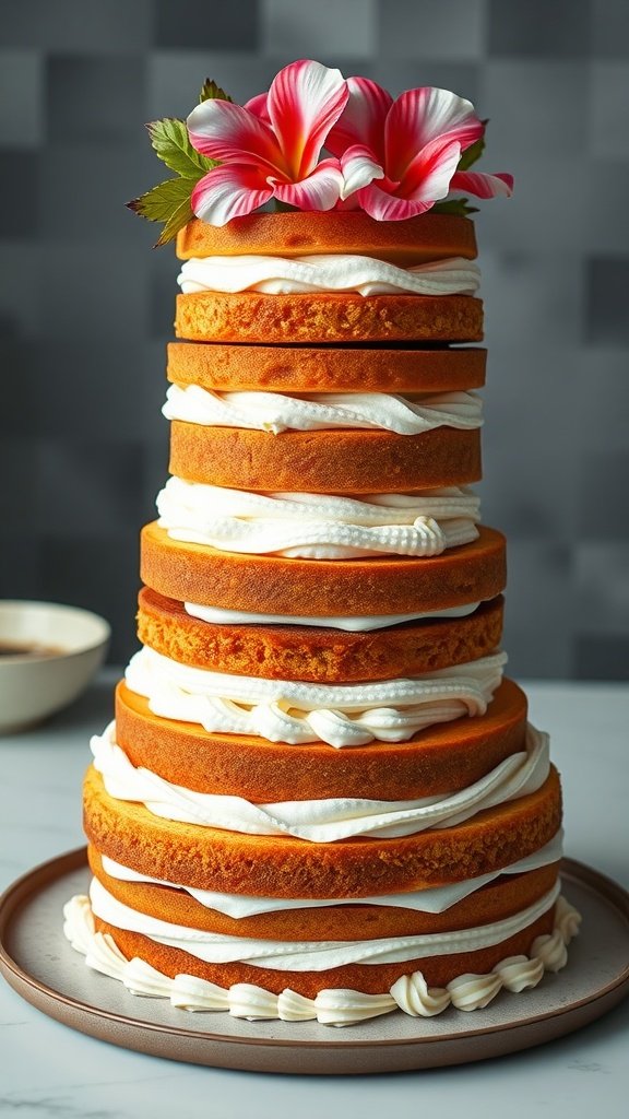 20 Delightful Luau Cake Recipes for Your Tropical Celebration A beautifully layered luau cake decorated with flowers and cream.