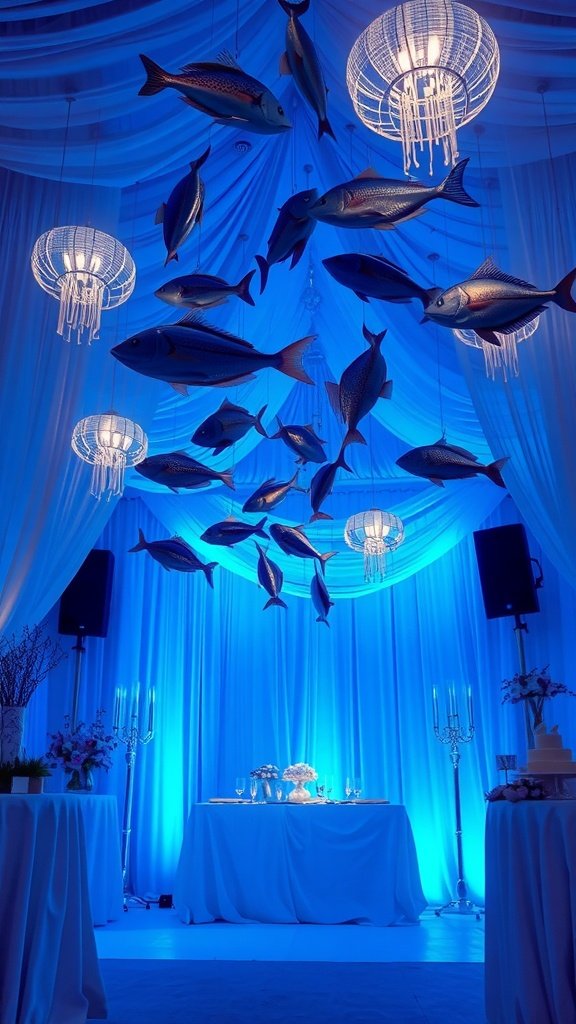 35 Magical Mermaid Party Ideas for an Under-the-Sea Celebration A beautifully decorated space for a mermaid party with blue lighting, hanging fish decorations, and elegant table settings.
