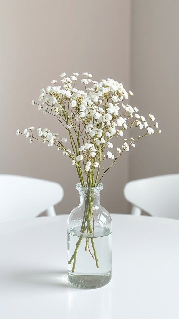 30 Beautiful Baby's Breath Centerpiece DIY Ideas A minimalist centerpiece featuring a clear vase filled with white baby’s breath flowers on a white table.